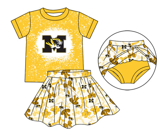 Preorder moq 5 yellow M bleached top bow skirt girls team outfits 8.23