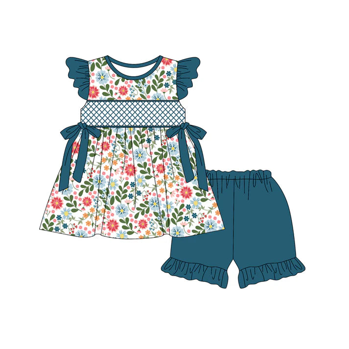Preorder (moq 5)Baby Girls Navy Flutter Sleeves Bows Floral Tunic Ruffle Short Sets 5.15