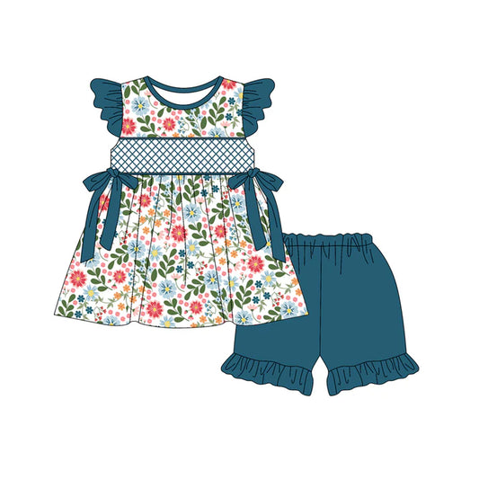 Preorder (moq 5)Baby Girls Navy Flutter Sleeves Bows Floral Tunic Ruffle Short Sets 5.15