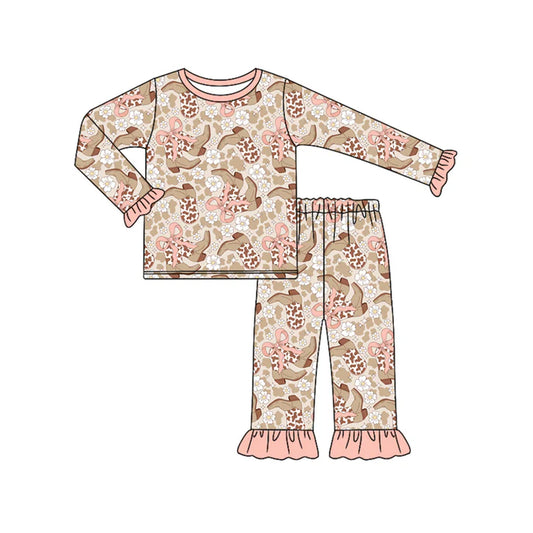 Preorder (moq 5)Baby Girls Pink Long Ruffle Sleeves Camo Bows Boots Top Pant Pajamas Set 6.14