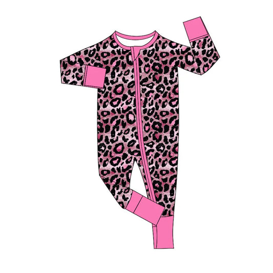 Preorder (moq 8)Baby Girls Pink Black Leopard Zipper Footie Rompers 9.18