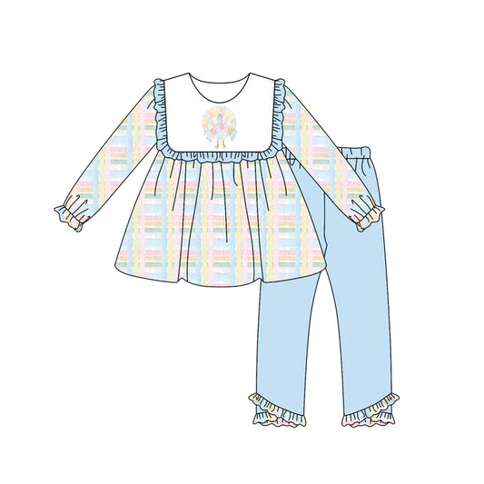 Preorder (moq 5)Baby Girls Long Sleeves Turkey Plaid Tunic Blue Ruffle Pant Set 6.3