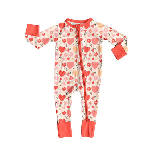 Preorder (moq 5)Baby Girls Long Sleeve Peach Hearts Flowers Valentine Zipper Footie Rompers 10.10