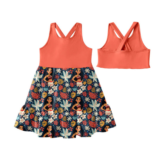 Preorder (moq 5)Baby Girls Orange Sleeveless Floral Princess Patchwork Knee Length Dress 4.25