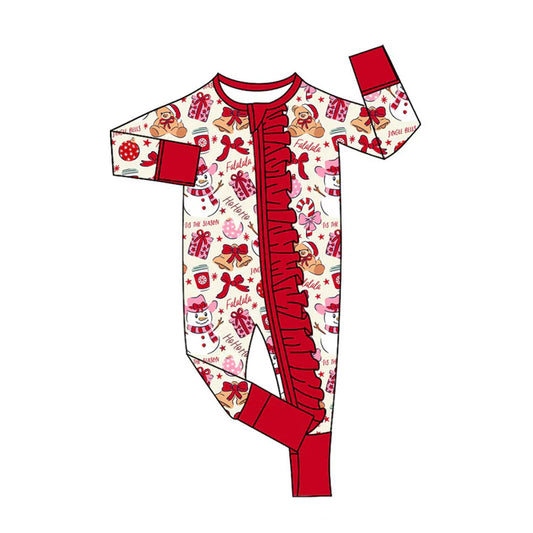 Preorder (moq 8)Baby Girls Gifts Snowmen Christmas Ruffle Zipper Footie Rompers 9.24