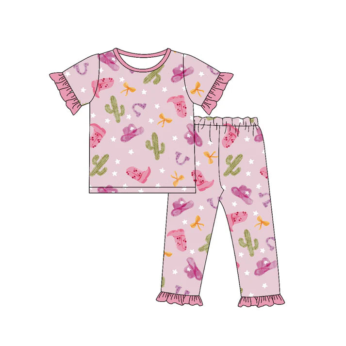 Preorder (moq 5)Baby Girls Cactus Boots Hats Top Ruffle Pants Western Pajamas Sets 11.26