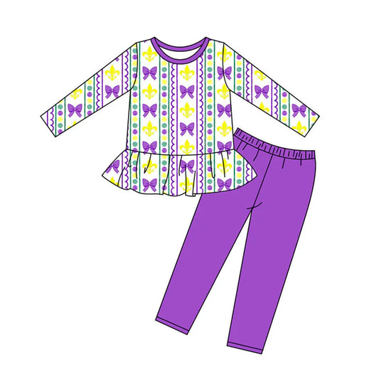 Preorder (moq 8)Baby Girls Purple Yellow Green Bows Stripe Leggings Mardigras Clothes Sets 9.11