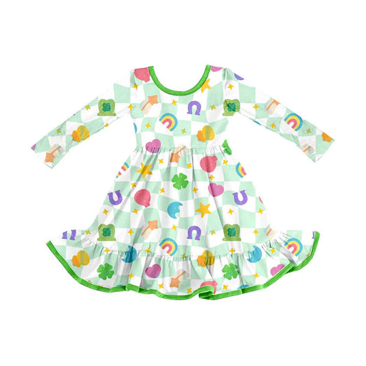 Preorder (moq 5)Baby Girls Green Checked Clovers Stars St Patrick Ruffle Knee Length Dresses 9.4