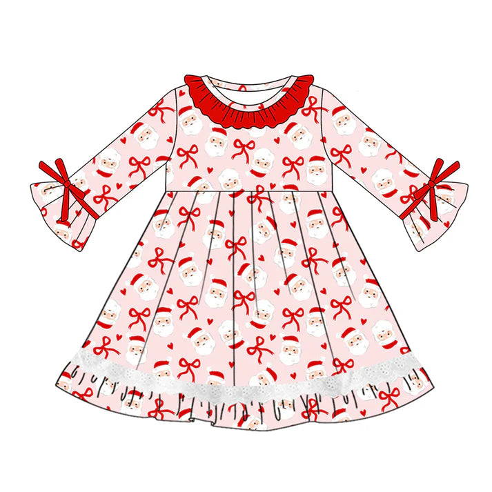 Preorder (moq 5)Baby Girls Long Ruffle Sleeves Red Bows Santa Lace Knee Length Dresses 5.20