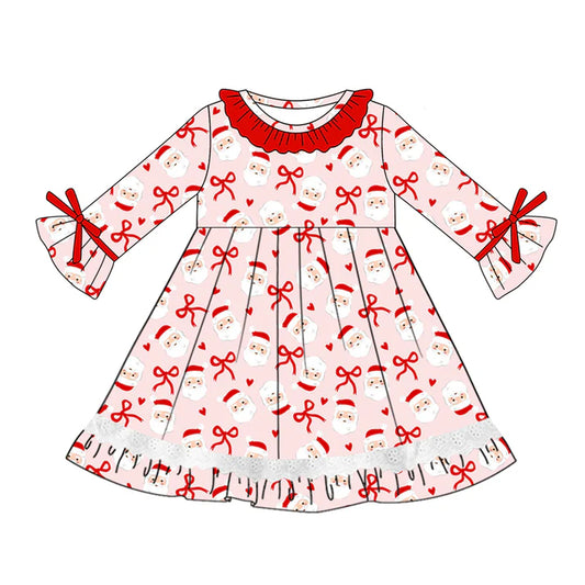 Preorder (moq 5)Baby Girls Long Ruffle Sleeves Red Bows Santa Lace Knee Length Dresses 5.20