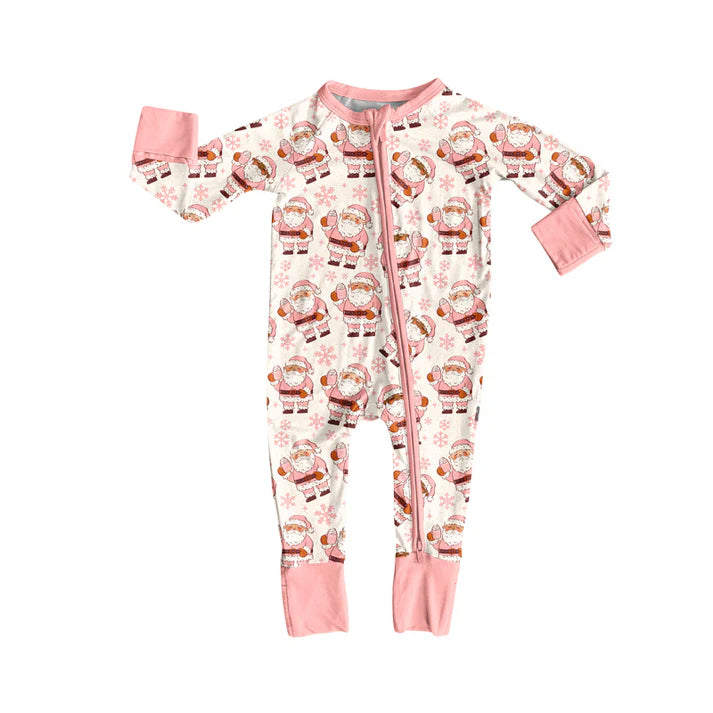 Preorder (moq 5)Baby Girls Long Sleeves Pink Santa Snowflake Zipper Pant Rompers 5.30