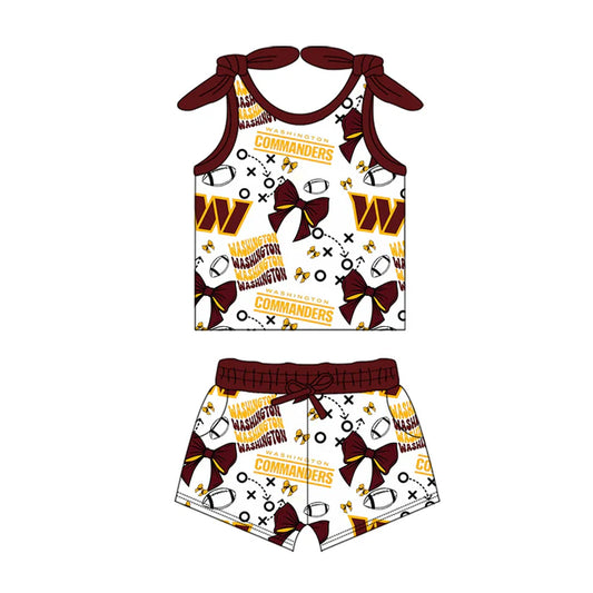 Preorder MOQ 5 pcs sleeveless maroon bow W football kids girls team outfits 8.28