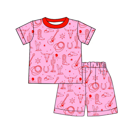 Preorder (moq 8)Baby Girls Bull Skulls Boots Cactus Top Shorts Western Pajamas Sets 9.13