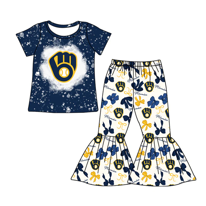 Preorder MOQ 5 bleached navy top bow pants girls team clothes 8.21