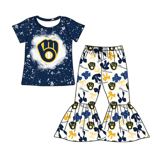 Preorder MOQ 5 bleached navy top bow pants girls team clothes 8.21