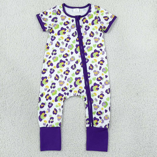 Baby Boys Rompers Short Sleeve Mardigras Leopard Zip Convertible Rompers SR4312