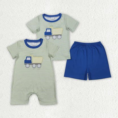 Sibling Baby Boys Embroidery Tractors Stripe Top Short Clothes Set Rompers