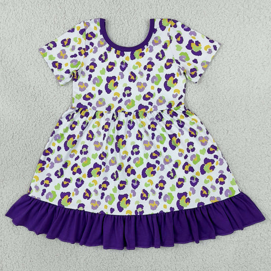 Baby Girls Dress Short Sleeve Mardigras Leopard Ruffle Knee Length Dress GSD4321