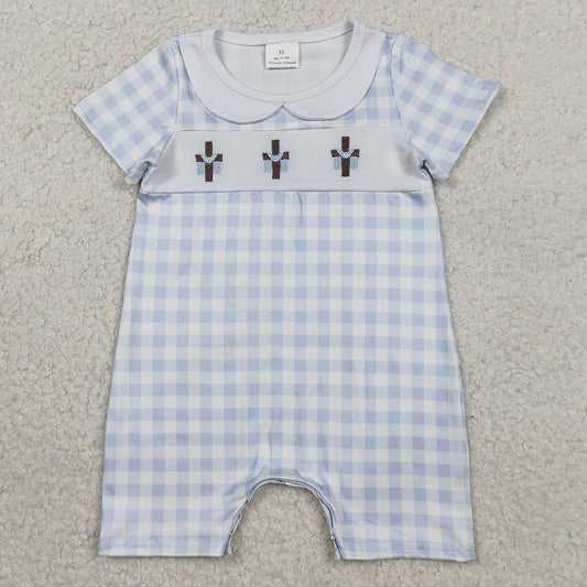 Baby Boys Rompers Embroidery Crosses Blue Checked Easter Collar Rompers SR3758
