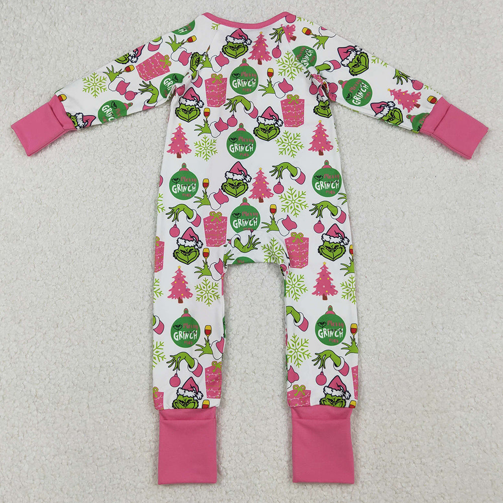 Baby Girls Rompers Green Face Gifts Christmas Zipper Footie Rompers LR2588 9.20