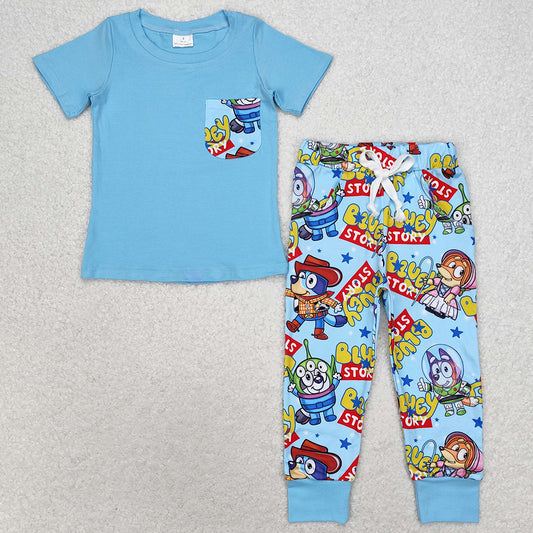 Baby Boys Clothes Dogs Blue Short Sleeve Pocket Shirt Pants Clothes Sets BSPO0375