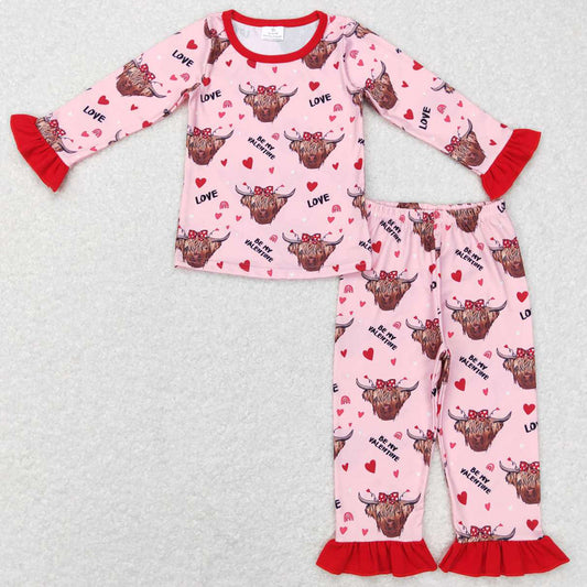 Baby Girls Pajamas Highland Cow Valentines Hearts Tops Pajamas Sets GLP0998