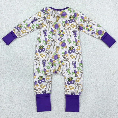 Baby Girls Rompers Mardigras Masks Two Way Ruffle Zip Convertible Rompers LR3335