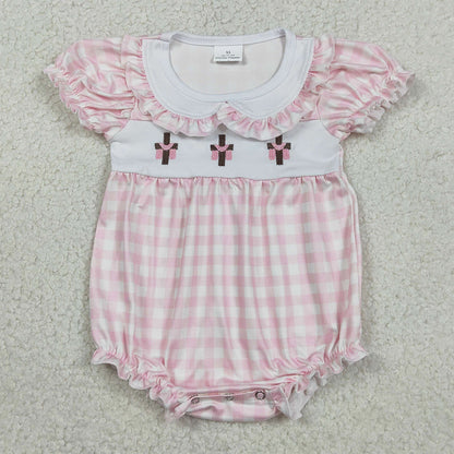 Baby Boys Rompers Embroidery Crosses Blue Checked Easter Collar Rompers SR3757