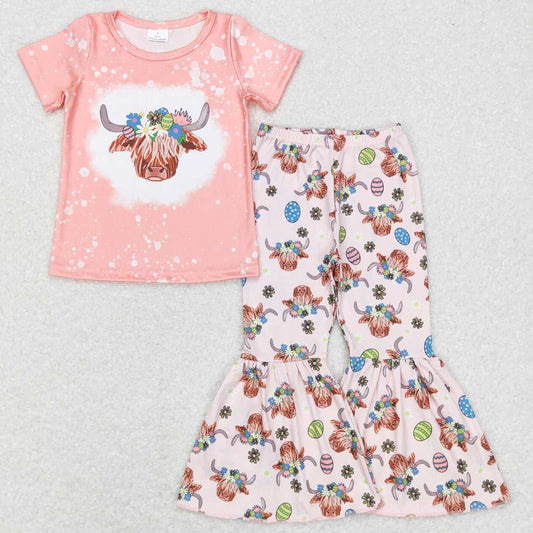 Baby Girls Clothes Easter Highland Cow Eggs Top Bell Pants Sets GSPO1055