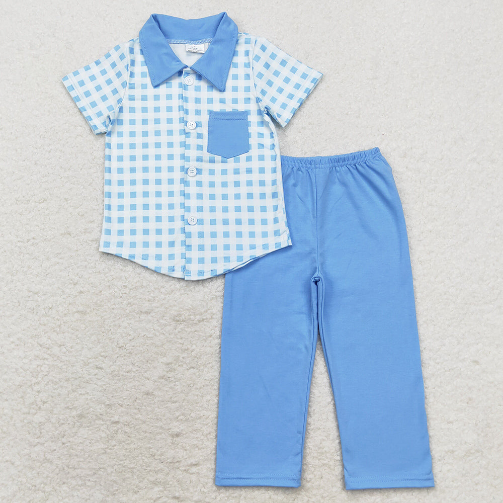 Baby Boys Clothes Blue Checkered Short Sleeve Tee Shirt Top Pants Sets BSPO0466