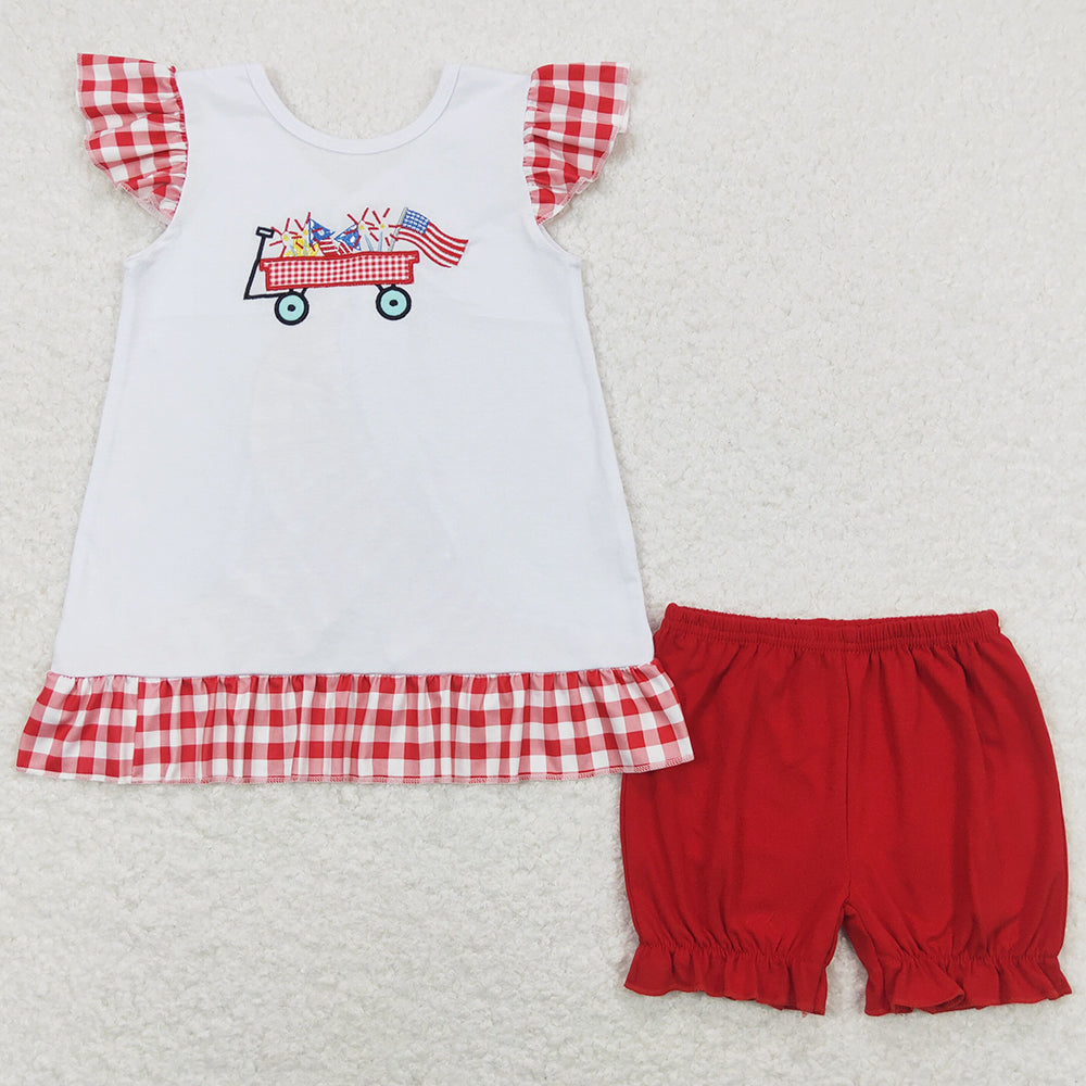 Baby Boys Clothes 4th Of July Flag Tractor Red Checkered Shorts Kids Sibling Clothing Girls Sets BSSO0618