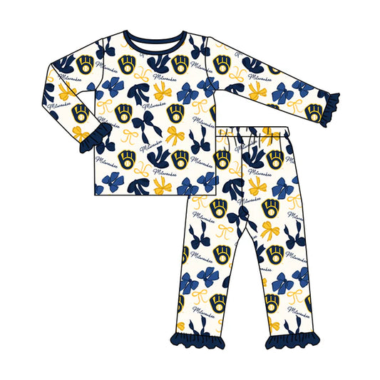 Preorder MOQ 5 Long sleeves navy yellow bow kids girls team pajamas 8.21