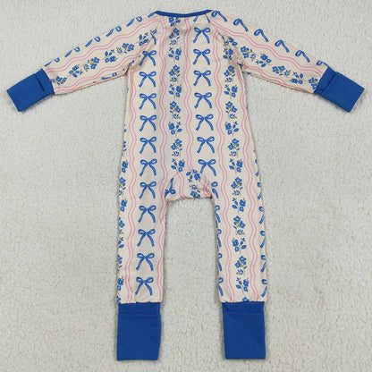 Baby Girls Rompers Long Sleeves Blue Bows Flowers Stripe Zipper Pant Rompers LR2327 7.18