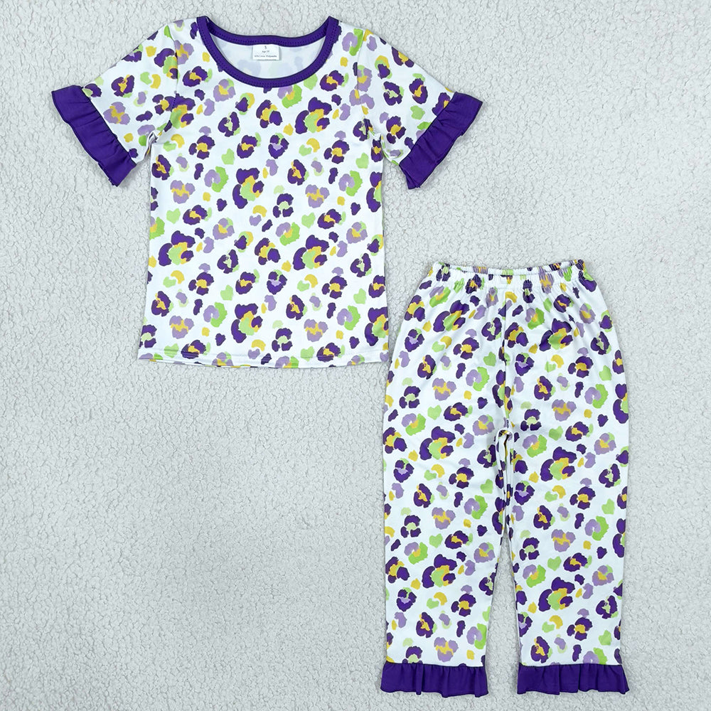 Baby Girls Short Sleeve Mardigras Leopard Top Ruffle Pant Pajamas Sets GSPO2388