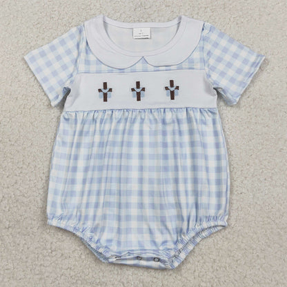 Baby Boys Rompers Embroidery Crosses Blue Checked Easter Collar Rompers SR3757 SR3756