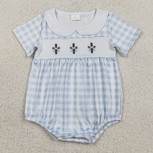 Baby Girls Rompers Embroidery Crosses Pink Checked Easter Collar Ruffle Rompers SR3757 SR3756