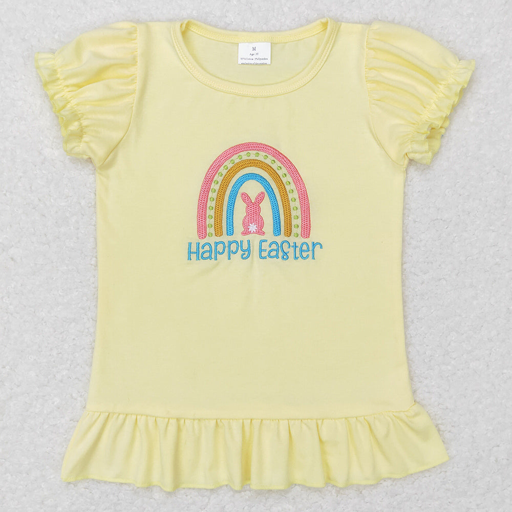 Baby Girls Clothes T-shirts Easter Ranibow Yellow Puffy Short Sleeve Shirt Tops GT0392