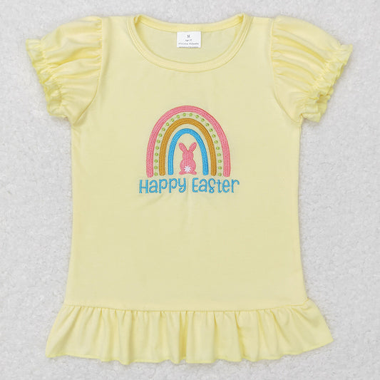 Baby Girls Clothes T-shirts Easter Ranibow Yellow Puffy Short Sleeve Shirt Tops GT0392