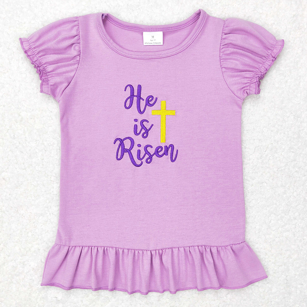 Baby Girls Clothes He Is Risen Cross Easter Lavender Puffy Short Sleeve Shirt Tops GT0393