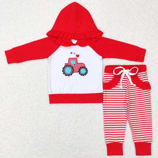 Baby Girls Clothes Red Tractor Hearts Hooded Top Stripes Pants Sets GLP0913