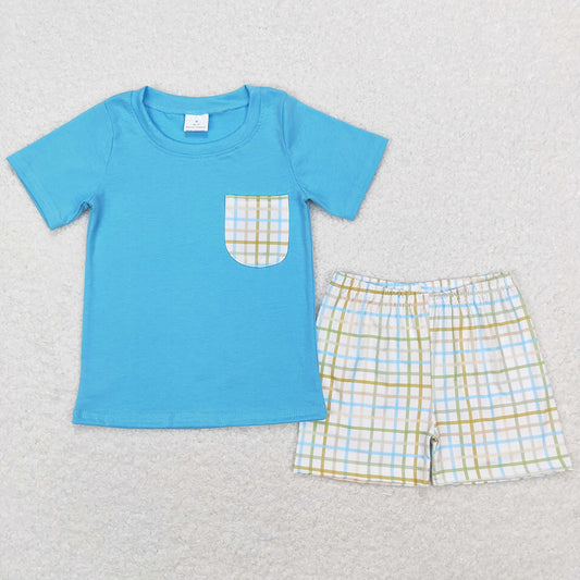 Baby Boys Clothes Easter Green Checkered Pocket Tee Shorts Sets BSSO0372