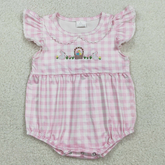Baby Girls Rompers Embroidery Rabbits Eggs Pink Checked Easter Ruffle Rompers SR3314
