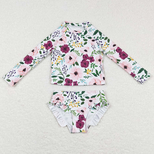 Baby Girls Swimsuit Flowers Long Sleeve Top 2pcs Swimsuits S0180