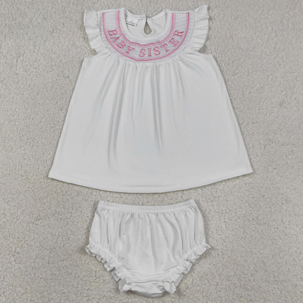 Boutique Baby Girls Clothes Smocked Baby Sister Flutter Sleeve Tunic Bummies Shorts Clothes Sets GBO0490