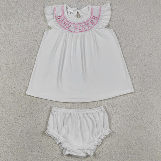 Boutique Baby Girls Clothes Smocked Baby Sister Flutter Sleeve Tunic Bummies Shorts Clothes Sets GBO0490