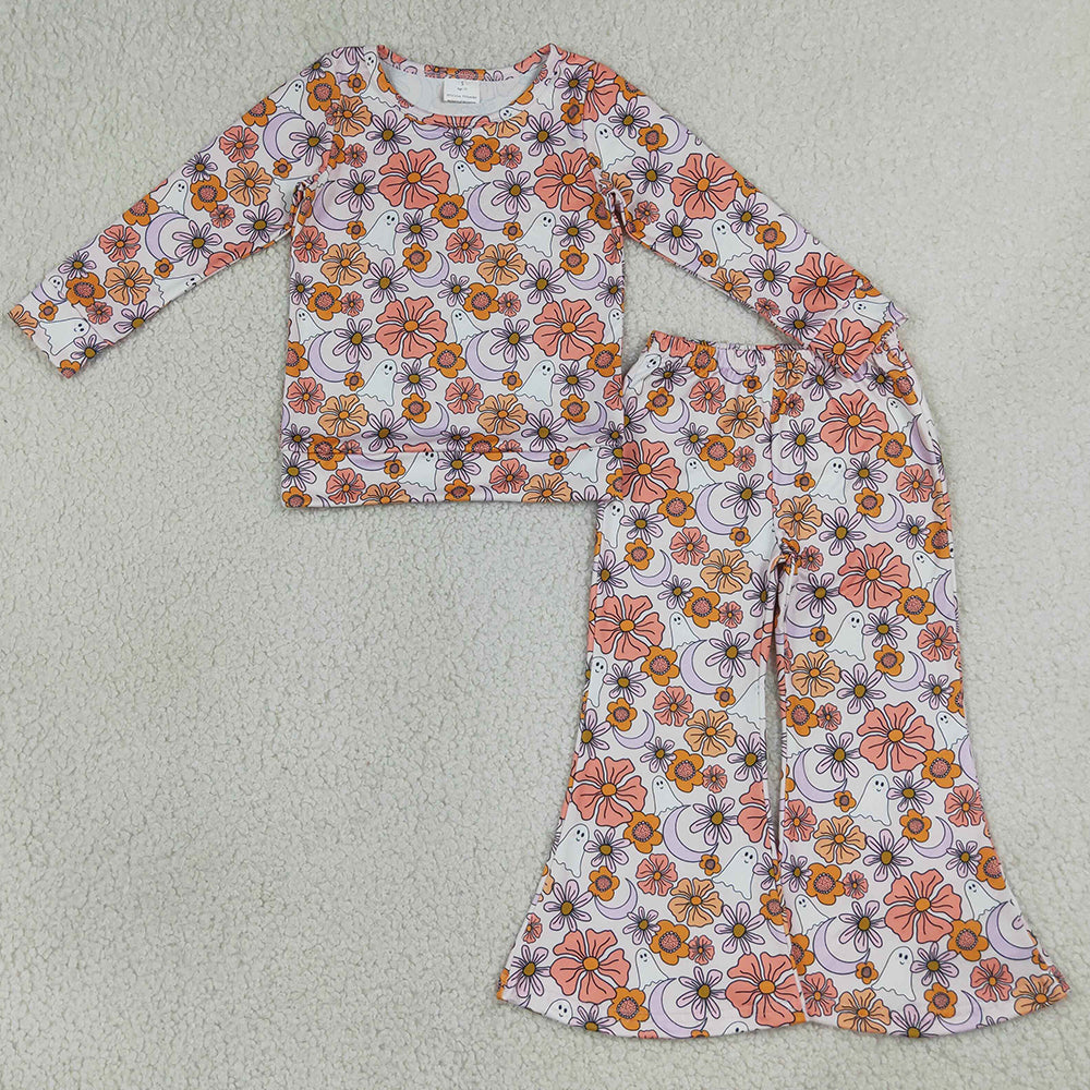 Baby Girls Clothes Ghost Flowers Shirt Top Flare Pant Halloween Clothes Sets GLP3404