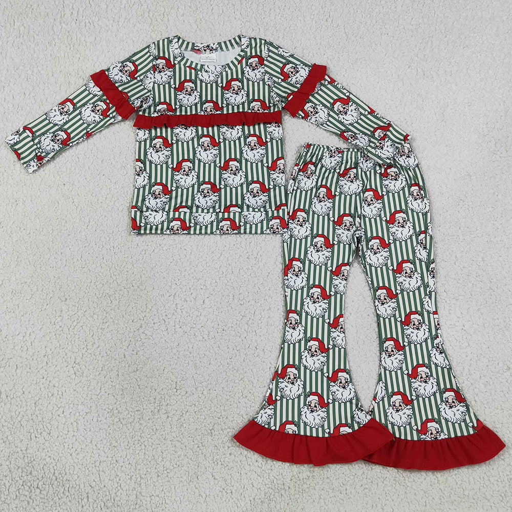 Baby Girls Clothes Santa Green Stripe Top Bell Bottom Pant Christmas Clothes Sets GLP3452