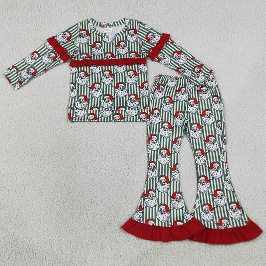 Baby Girls Clothes Santa Green Stripe Top Bell Bottom Pant Christmas Clothes Sets GLP3452