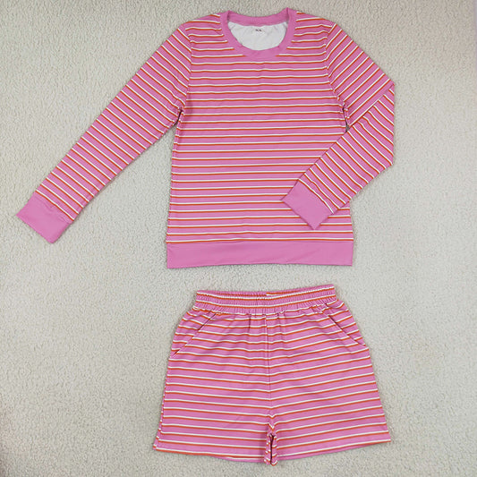 Adult Women Pink Stripe Shirt Top Short Yoga Active Clothes Set GLS0139