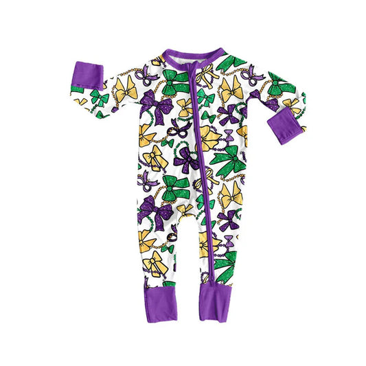 Preorder (moq 8)Baby Girls Purple Yellow Green Bows Mardigras Zipper Footie Rompers 9.9